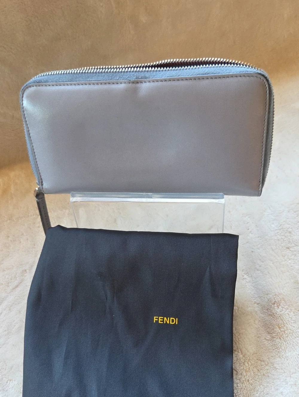 Fendi Light Gray Leather Zip Wallet with Coral Accent Button